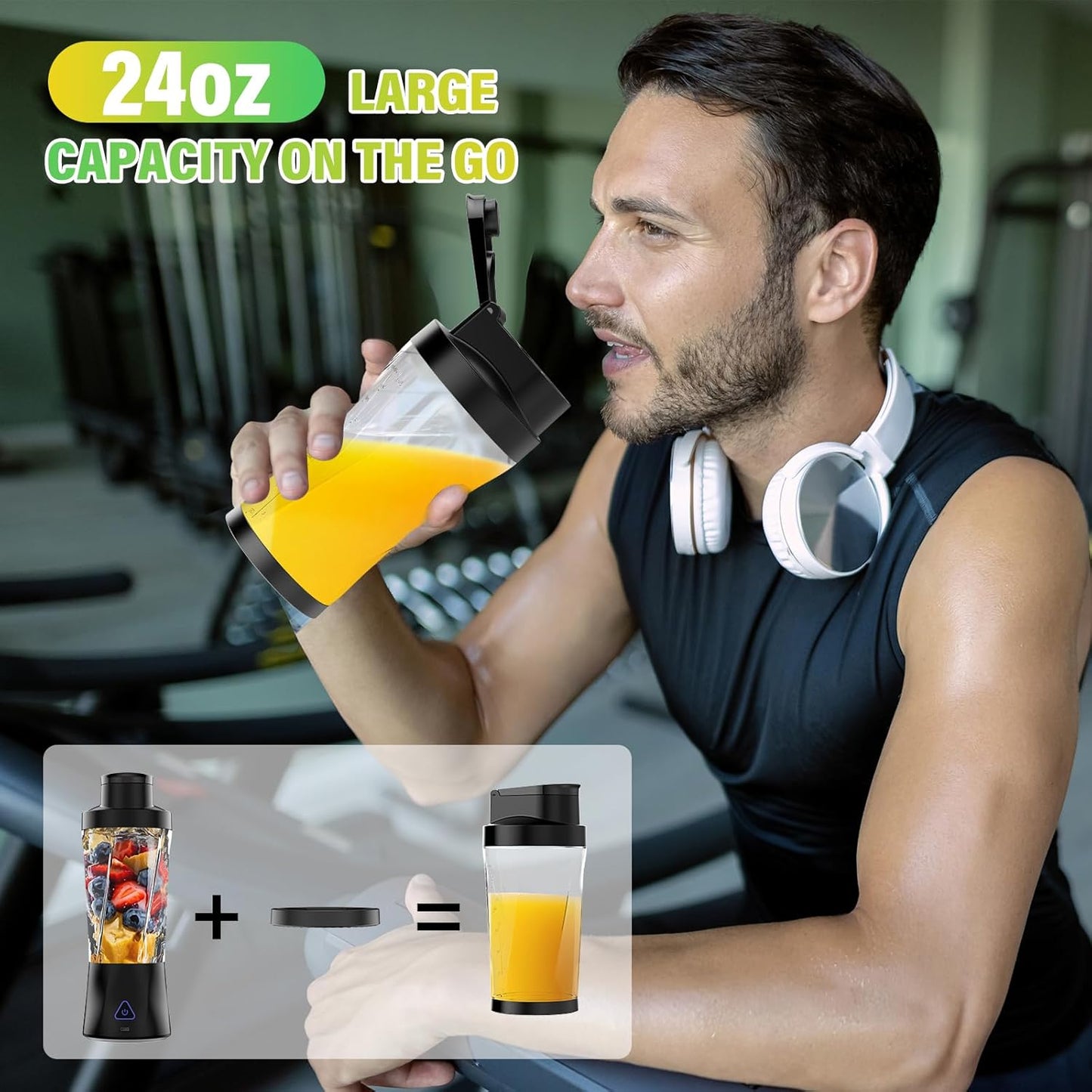 Portable Blender, 360W Personal Blender for Shakes and Smoothies for Kitchen, 24 Oz BPA Free Traveling Juicer Cup and Lid with 6 Blades, Self Cleaning Portable Juicer for Kitchen/Travel/Gym, Black