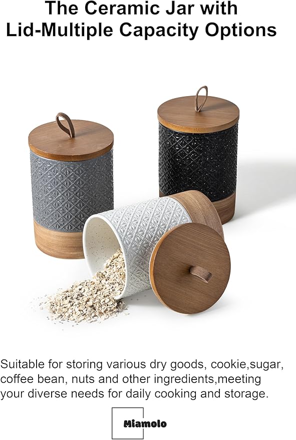 Miamolo Ceramic Spice Jars with Lids, Coffee Canister with Airtight Lid, Small Kitchen Food Storage Jars for Spice Sugar Tea Bag, Stackable Decor Kitchen Jar for Counter - Gray & 20 fl.oz