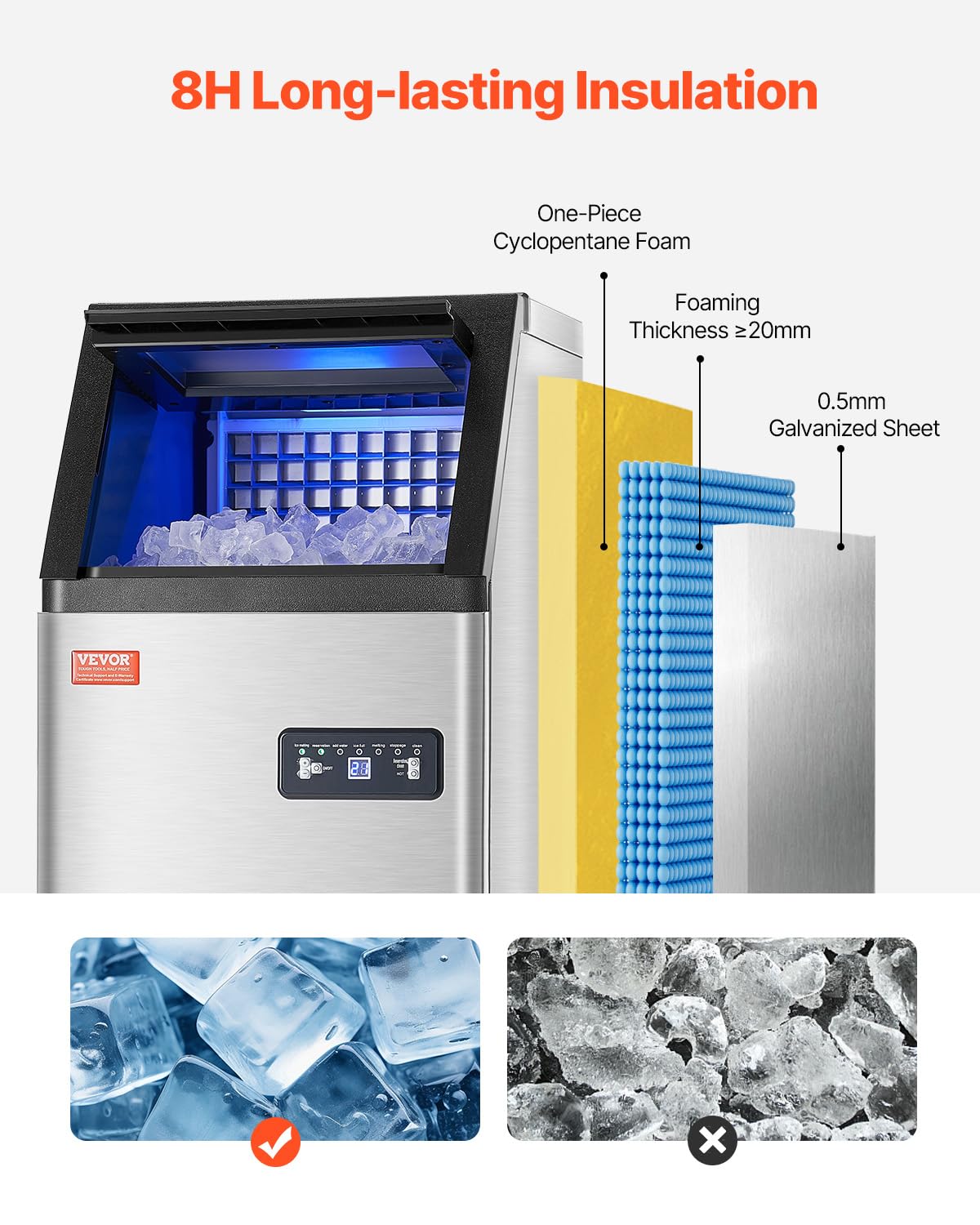 VEVOR Commercial Ice Maker Machine, 100lbs/24H Ice Maker Machine with 16lbs Storage Capacity, 36 Ice Cubes in 15 Minutes, LED Digital Display Freestanding Self-Cleaning for Bar Office Restaurant