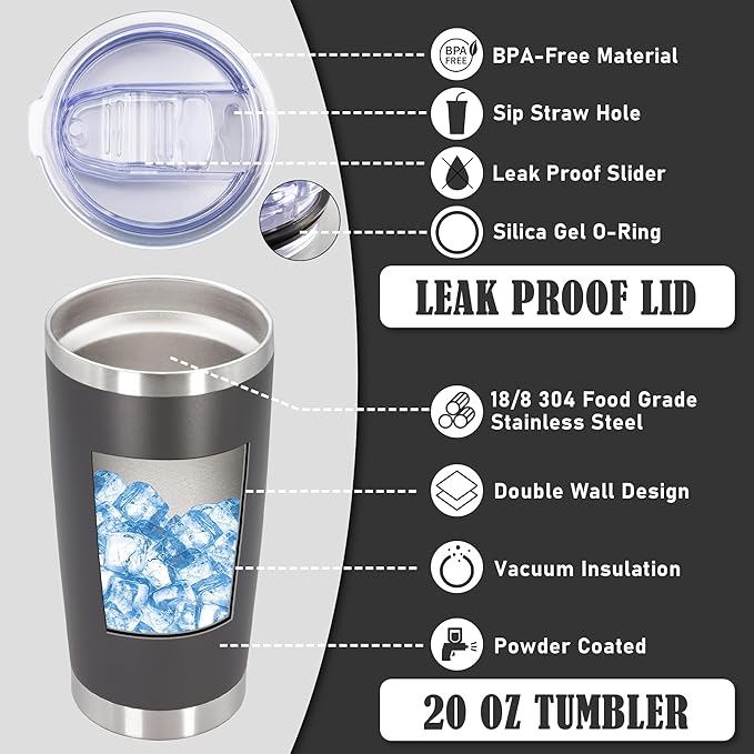 20 oz Tumbler Coffee Travel Tumblers Bulk with Lid Stainless Steel Double Wall Vacuum Insulated Mug Powder Coated Cups fit Car Cupholder for Hot and Cold - Grey, 12Pack