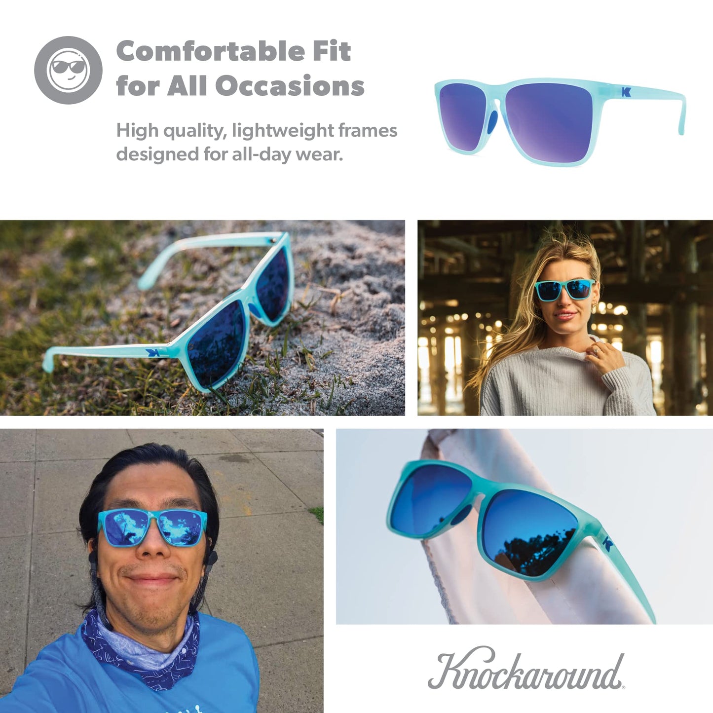 Knockaround Fast Lanes Sport - Polarized Running Sunglasses for Women & Men - Impact Resistant Lenses & Full UV400 Protection, Icy Blue/Moonshine