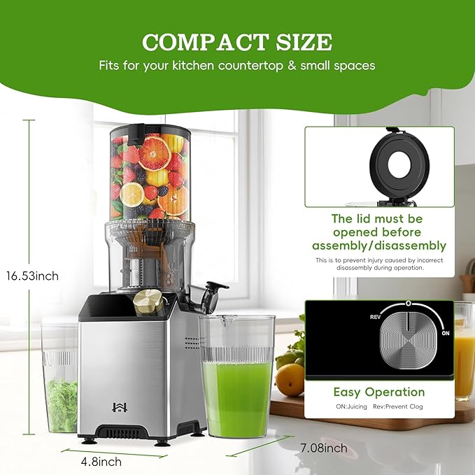 Cold Press Juicer, Wide Feed Chute Juicer Machines, Stainless Steel Slow Masticating Juicers Easy to Clean, Vegetables & Fruits Juice Extractor, High Juice Yield, Brass Color Knob