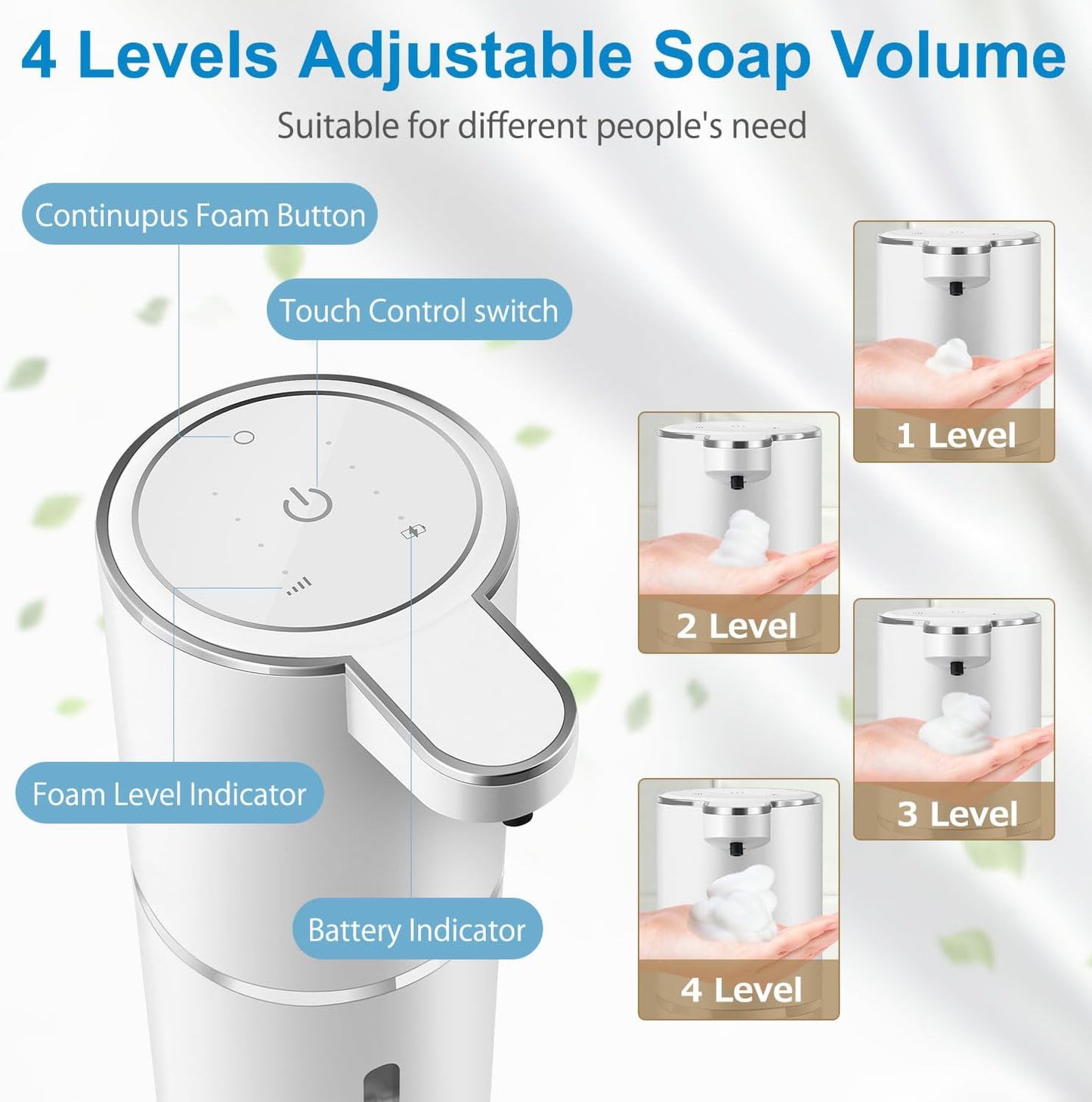 Automatic Foaming Soap Dispenser, 4-Level Adjustable Foam, Wall Mount, USB Rechargeable, 12.8oz/380ml, Touchless Hand & Dish Soap Dispenser for Bathroom, Kitchen, Hotel, Restaurant