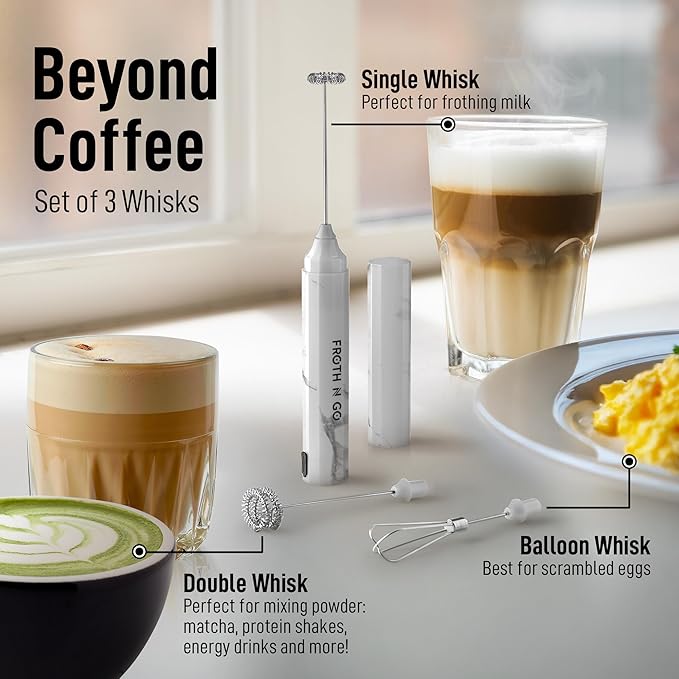 Zulay Froth N Go Milk Frother – Rechargeable 3-in-1 Handheld Frother Wand with Travel Case & USB-C Charger – Single, Double & Egg Whisk for Latte, Cappuccino, Matcha, Protein Shakes – White Marble
