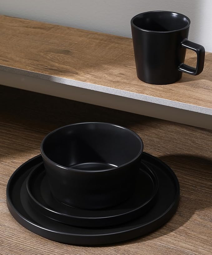 Stone Lain Celina Stoneware 32 Piece Dinnerware Set, Plates and Bowls, Black Matte Dish Collection, Service for 8 – Contemporary Minimalist Style, Microwave & Dishwasher Safe