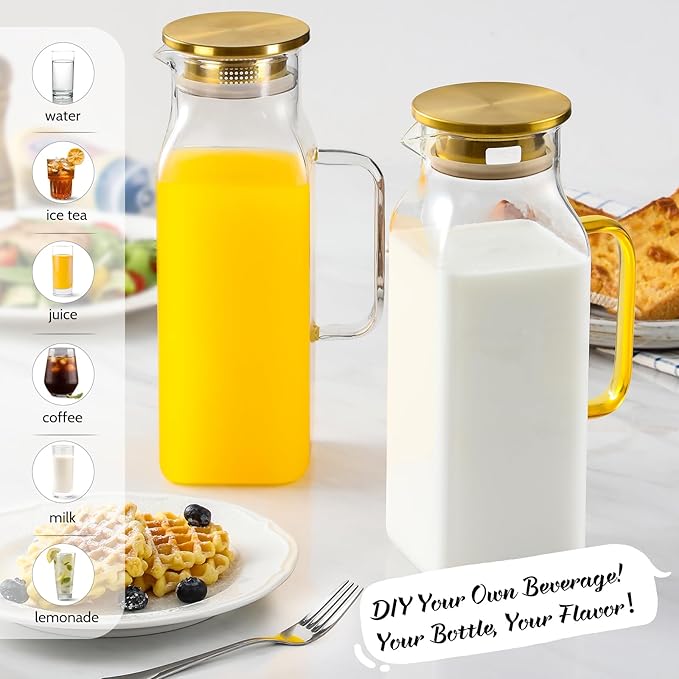2 Pack 2 Liters/68 oz Square Glass Pitcher with Lid and Handle for Fridge, Iced Tea and Coffee Carafe Beverage Serveware, Heat Resistant Borosilicate Water Gold Jug for Hot/Cold Drinks and Milk