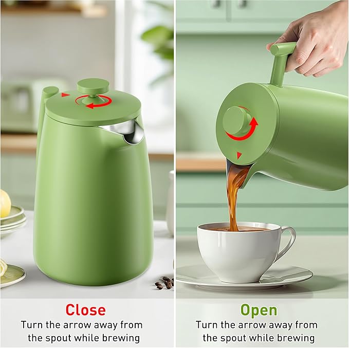 Secura 50oz French Press Coffee Maker – 304 Stainless Steel, Insulated Coffee Press with Extra Filter, Green