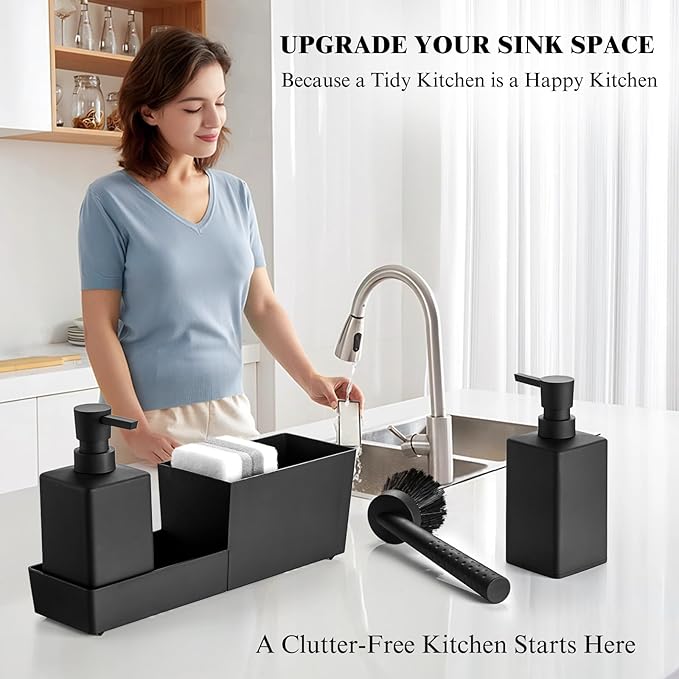Kitchen Soap Dispenser Set with Sponge Holder and Brush for Sink Rack Hand Soap and Dish Soap Dispensers Black 4-in-1