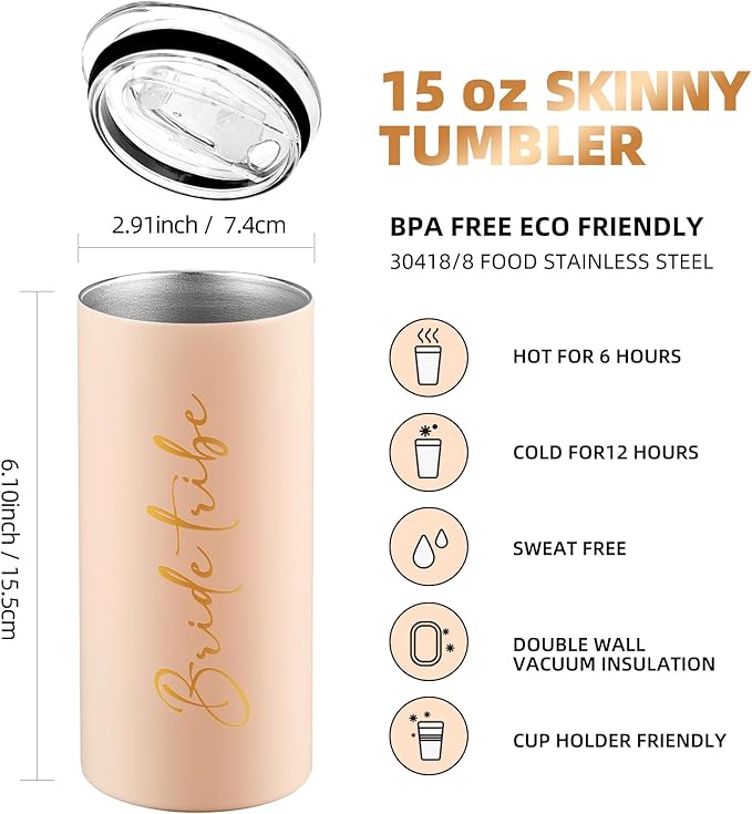 Bride Tribe Gifts Wedding Gifts for Guests Bachelorette Party Favors Bridesmaid Cups Bridal Shower Stainless Steel Skinny Tumbler with Lid and Straw 15 OZ Pink