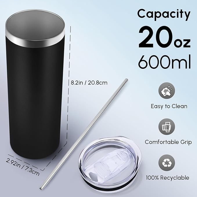 Volhoply 8 Pack Skinny Tumblers with Lid and Straw, 20oz Stainless Steel Straight Tumbler Bulk, Vacuum Insulated Coffee Mug for Home, Office, Travel, DIY (Mix Color,8 Pack)