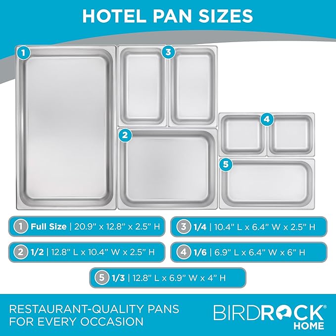 BIRDROCK HOME Stainless Steel Steam Table Pan - Hotel, Restaurant & Catering Supplies - 24 Gauge Steel, 2 qt Capacity - Meal Prep, Cooking, & Food Storage Container - 2.5" Depth, 1/4-Size (6 Pack)