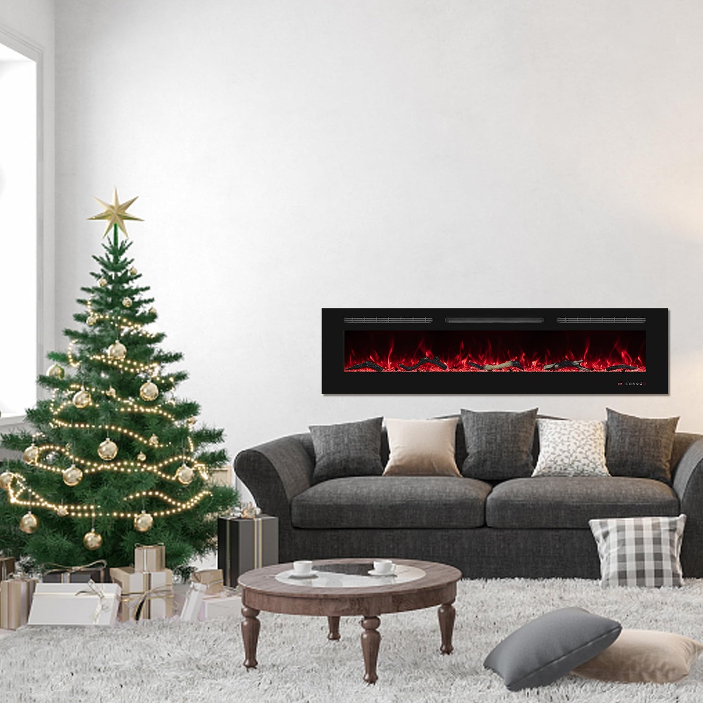 Oxhark Flame 36inch Electric Fireplace in Wall Recessed and Wall Mounted Fireplace Electric, 13 Flame Colors, Realistic Logs &Crystals Fuel Bed, Adjustable Temperature and Timer,750W/1500W, Black