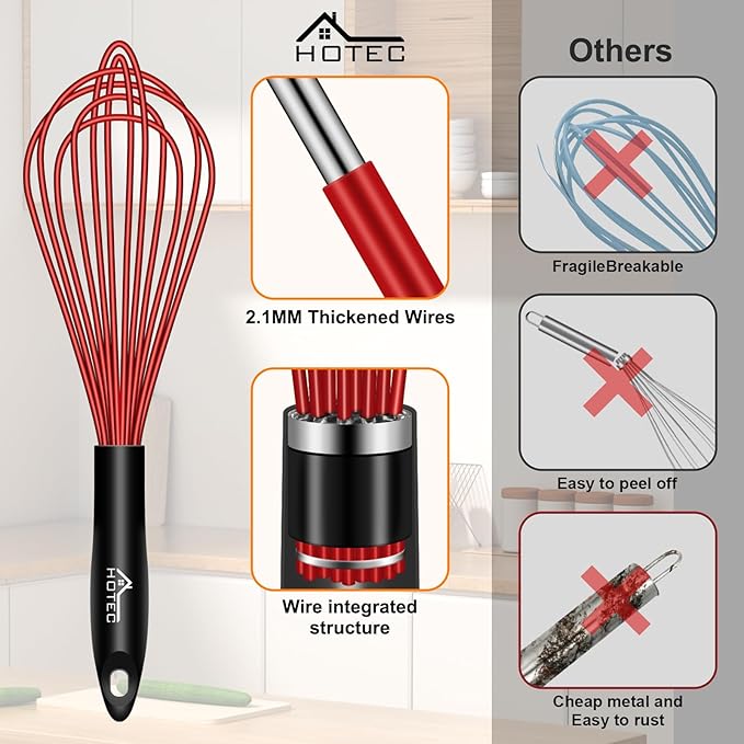 HOTEC 4 Pieces Silicone Whisks Set, Wire Balloon Whisks Egg Beater, Non-slip Handle Whisk for Non-stick Cookware Perfect for Cooking, Stirring, Beating and Blending (Multicolor)