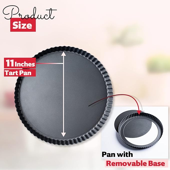 Tart Pan 11 Inch Removable Bottom- Carbon Steel Deep Quiche Pan, Rust, & Temperature Resistant 550-600 °F– Non-Stick, Perfect for Baking Fruit Tarts, Quiches & Dessert
