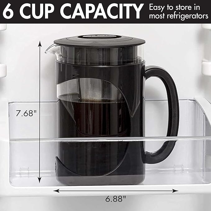 Primula Burke Deluxe Cold Brew Iced Coffee Maker, Comfort Grip Handle, Durable Glass Carafe, Removable Mesh Filter, Perfect 6 Cup Size, Dishwasher Safe, 1.6 qt, Black
