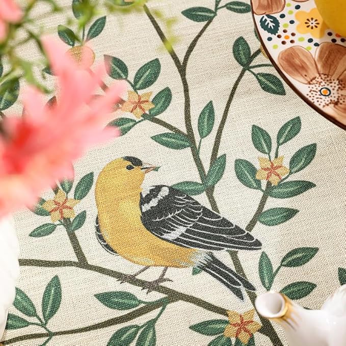patdrea Designer Green Linen Rectangular Tablecloth,Vintage Breathable Floral Extra Long Table Cloth,Decor Table Cover for Kitchen Dining,Parties,Party,Christmas,Thanksgiving,63"x110"-Warbler