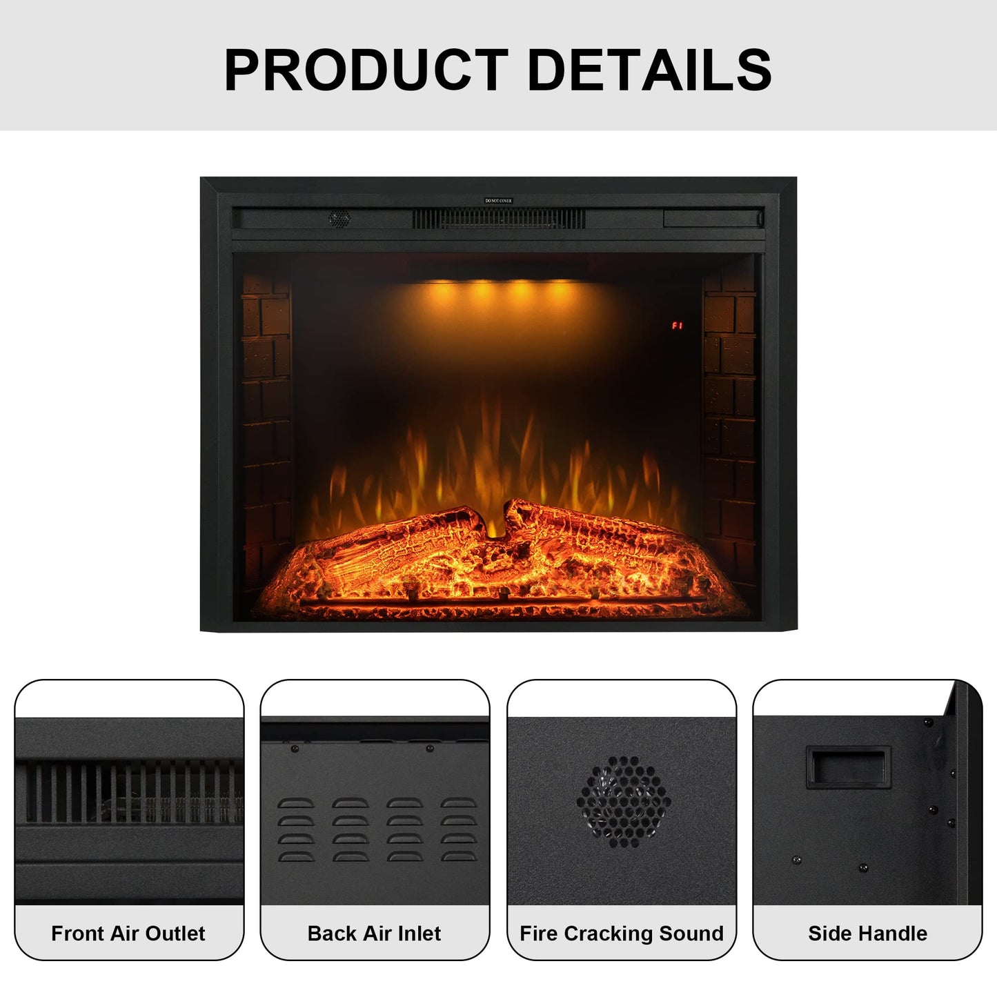 Benrocks 33'' Electric Fireplace Inserts, Recessed & Built in Wall Electric Fireplace Heater with Fire Crackling Sound, Adjustable Top Light & Flame Speed, Overheating Protection, 750/1500W Black