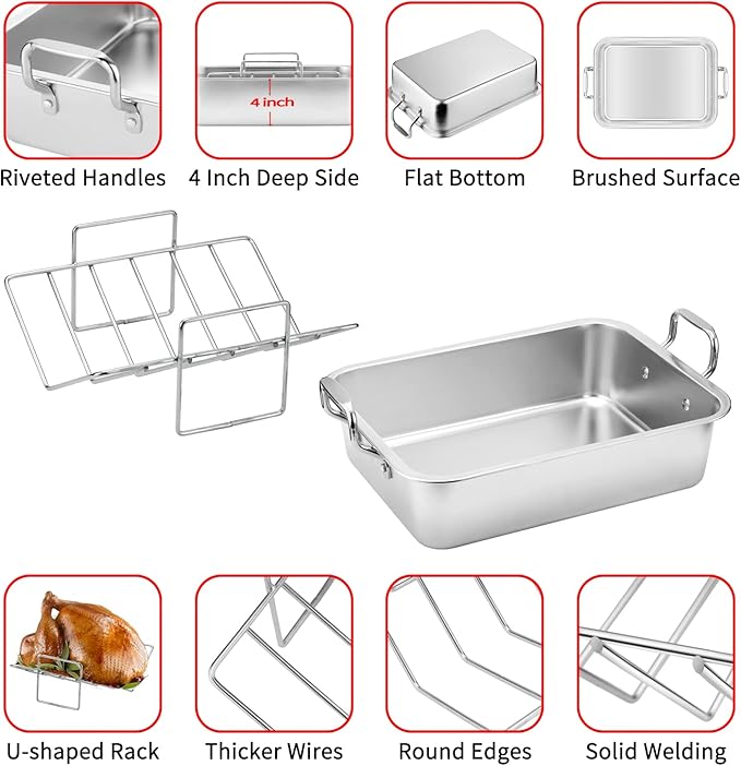 15 Inch Stainless Steel Roasting Pan with V-Shaped Rack and Turkey Baster - Rectangular Roaster for Turkey, Chicken, Vegetables - Fits 20lb Turkey