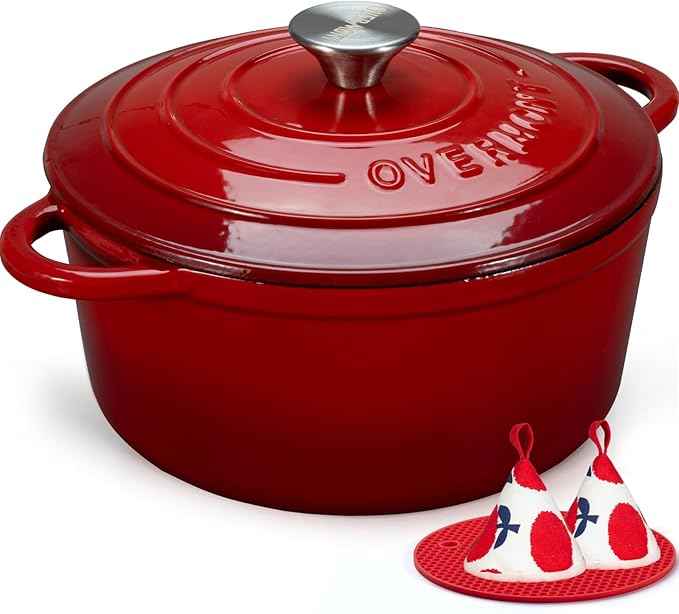 Overmont 5.5QT Enameled Cast Iron Dutch Oven with Lid Cookbook Heavy-Duty Casserole with Dual handles for Braising, Stews, Roasting, Bread Baking