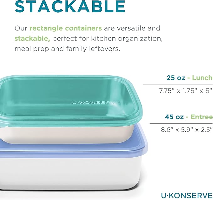 U Konserve Stainless Steel Rectangle Food Storage Bento Box Container, Leak Proof Silicone Lid Dishwasher Safe - Plastic Free, (25oz Clear)