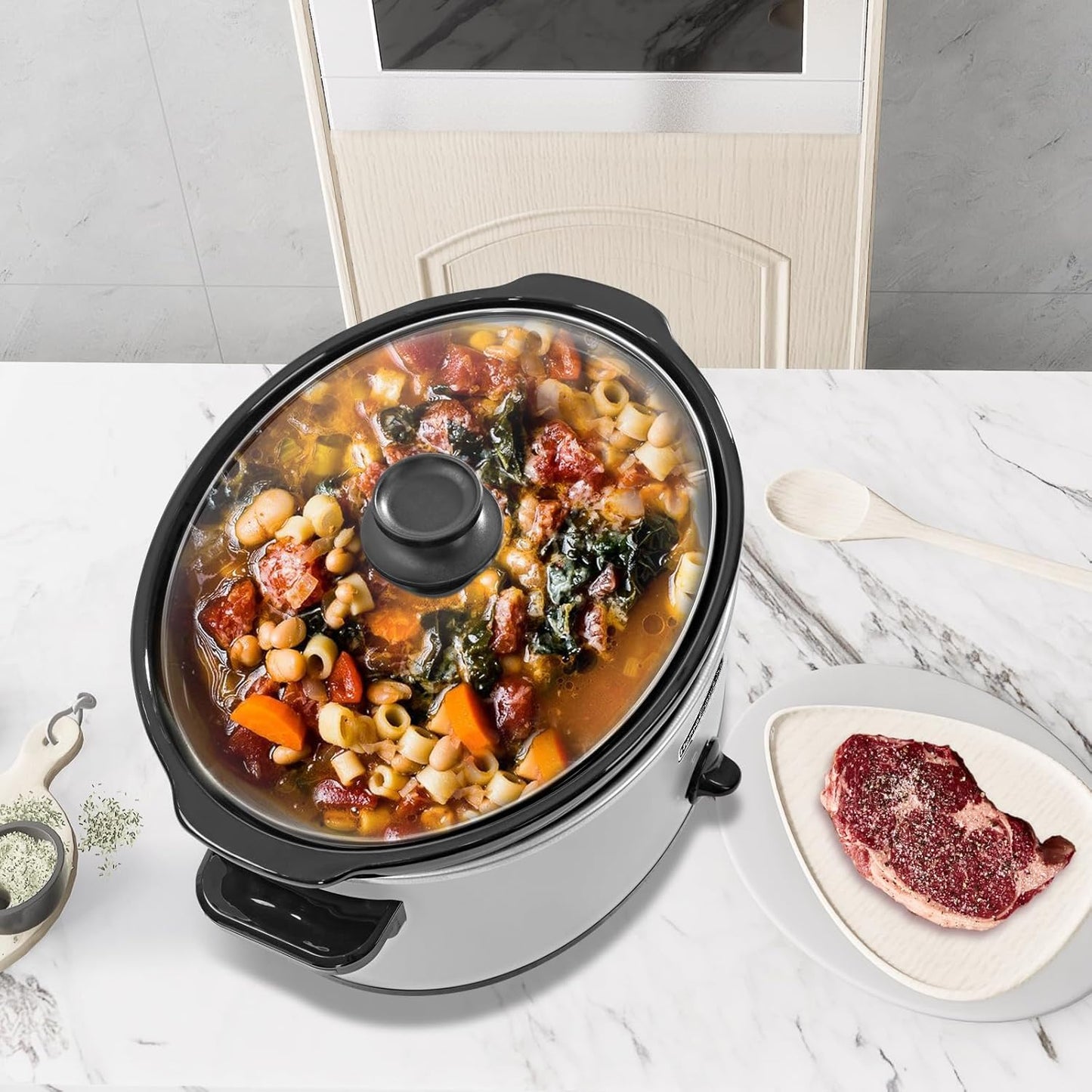 HOMECOOKIN 8 Quart Slow Cooker Oval Manual Pot Food Warmer with 3 Cooking Settings, White Stainless Steel