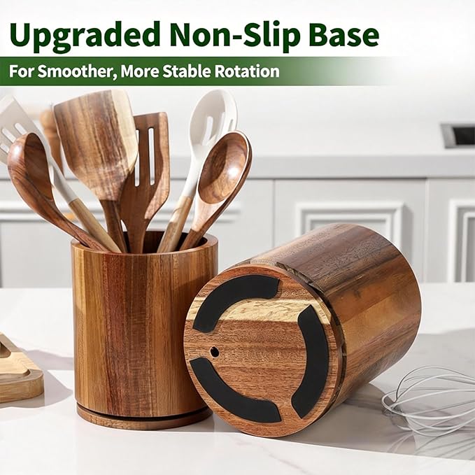 Wooden Utensil Holder, 360°Rotating 7.3'' Large Utensil Holder for Kitchen Counter, Kitchen Utensil Organizer, Utensil Crock, Farmhouse Kitchens Countertop Decor, Acacia Wood