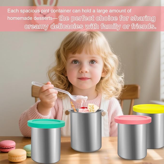Stainless Steel Fit for ninja Creami Deluxe Containers– 4 Pack, Compatible with Ninja Creami CN501CO,NC501, NC500 Delux XL Series, Silicone Lids, BPA-Free, Dishwasher Safe, 5 Years Warranty