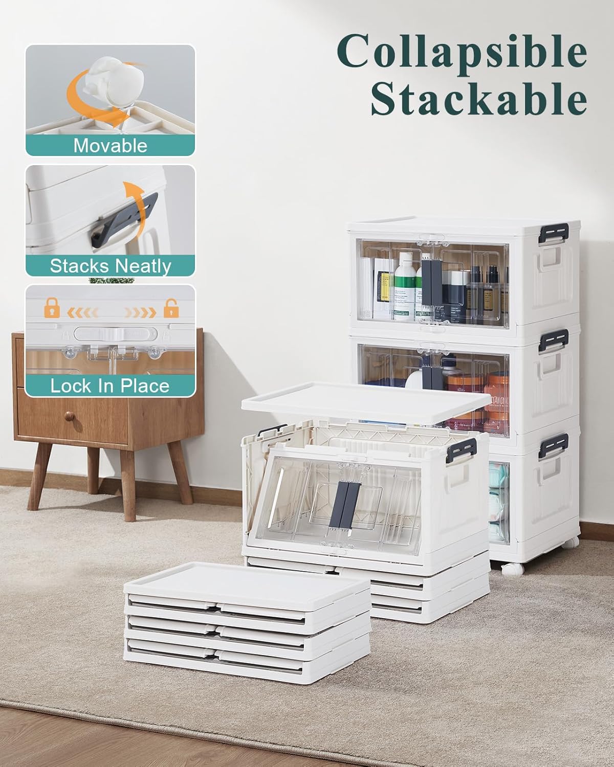 OlarHike 23QT Stackable Storage Bins with Lids - Folding Storage Box with Doors and Wheels, Collapsible Plastic Storage Bins for Closets and Organization, Christmas Gifts, 3 Pack Cubes