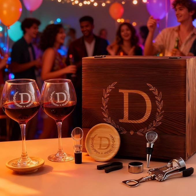 GZLDGIFTS Personalized Initial Wine Glasses Box Gift Set For Women Mom Engraved Birthday Monogrammed Wooden Christmas Gifts Wedding Anniversary Wine Couples Stopper Opener Initial Letterr (T Set)