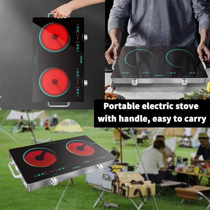 Karinear 2 Burner Electric Cooktop 110V, Portable Electric Stove with Handle, Knob Control Electri Hot Plate, Ceramic Countertop Burner, Timer, Safety Lock, 9 Power Level, 2000W, 24 inch(Green)