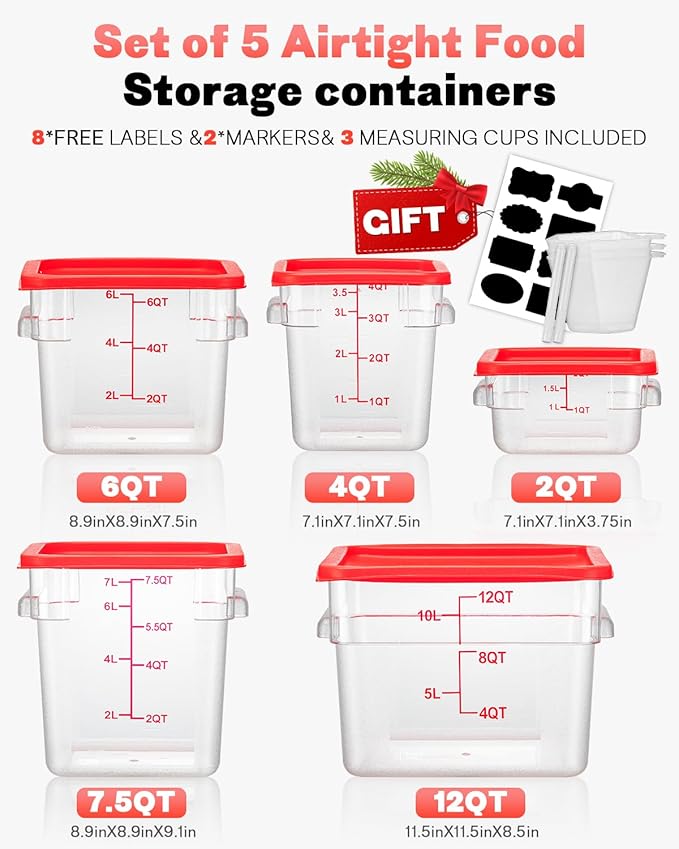 12 Quarts Sous Vide Container: 6 PCS Commercial Food Storage Containers with Lids - Clear Food Container with Scales Handles for Home Restaurant Kitchen Storage Pizza Bread, Red N1