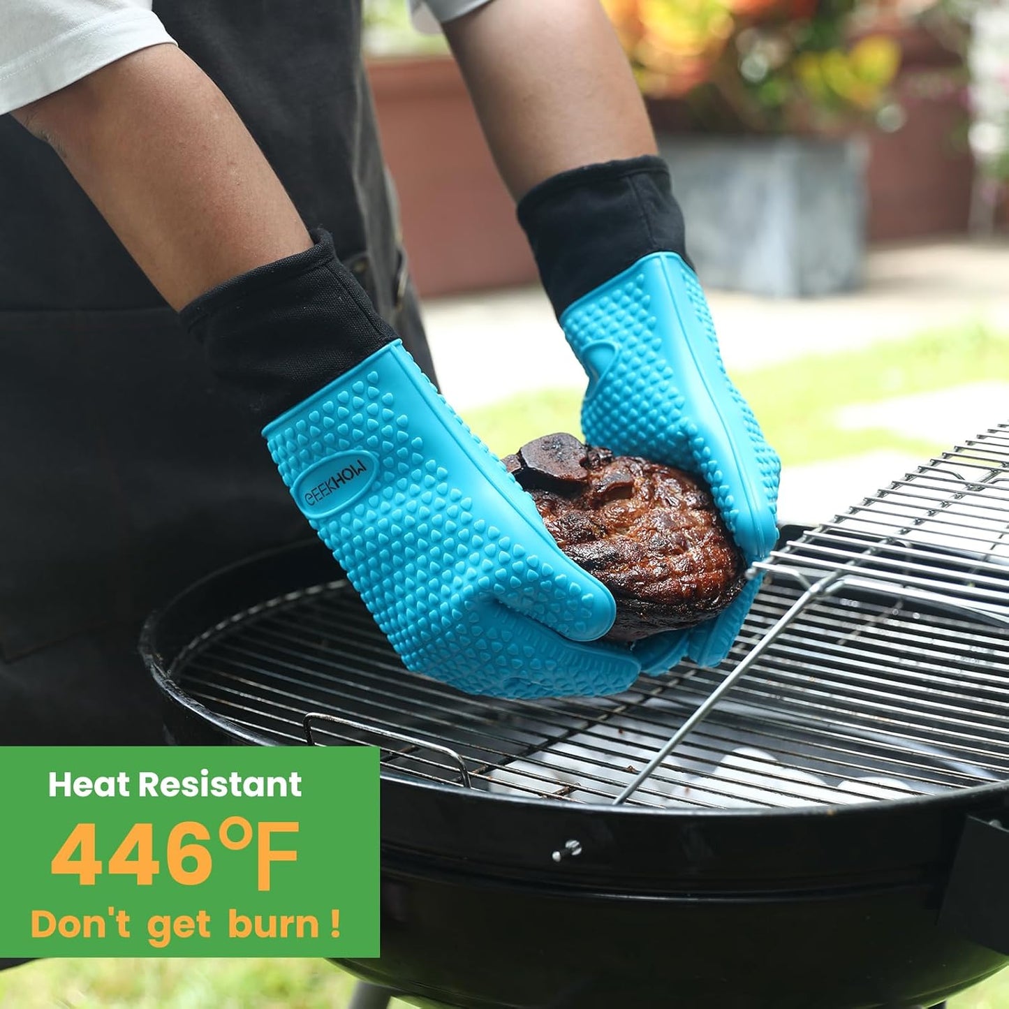 GEEKHOM BBQ Gloves, Grilling Gloves Heat Resistant Oven Gloves, Kitchen Silicone Oven Mitts, Long Waterproof Non-Slip Pot Holder for Barbecue, Cooking, Baking, Aqua Blue