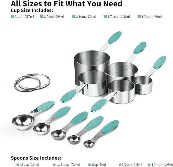U-Taste 10 Piece Measuring Cups and Spoons Set in 18/8 Stainless Steel, and 18/8 Stainless Steel 3.9 inch 30 Mesh Strainer (Aqua Sky)