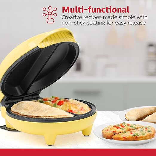 Holstein Housewares Stainless Steel 2 Section Omelet & Frittata Maker, Non Stick Coating, Easy To Clean, Indicator Lights, Compact Storage, Prepare Versatile Recipes in Minutes. 2 Portions, Yellow
