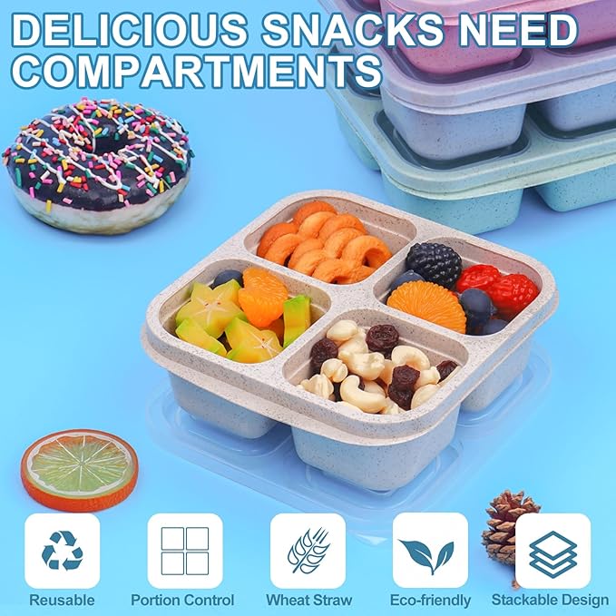 LCHLZZ 4 Pack Snack Containers, Divided Bento Snack Box, 4 Compartments Reusable Meal Prep Lunch Containers for Kids Adults, Food Storage Containers for School Work Travel