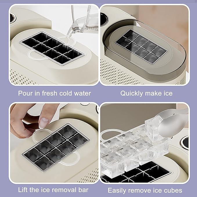 Mini Ice Maker Machine Counter Top for Home Office, Portable Clear Ice Cube Maker, 8 Cubes in 10 Mins, Low Noise, Easy Cleaning (White Car Power Cable)