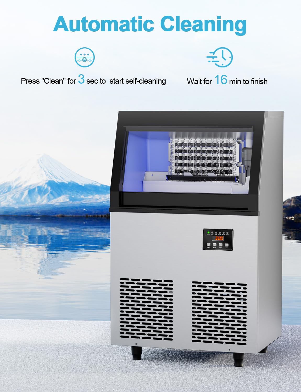 Commercial Ice Maker Machine, 150 lbs/24H, Under Counter Ice Machine, Stainless Steel Freestanding Ice Makers for Home Bar Restaurant Outdoor, Self-Cleaning, 45Pcs Ice Cubes 6Mins