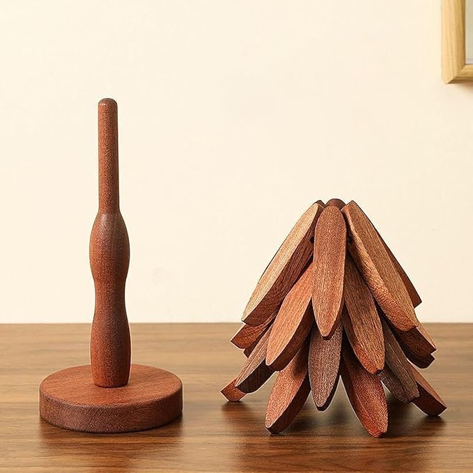 Natural Wood Tree Trivet Set, 𝐍atural Tree Trivet Set - 4 Wooden Trivets,4 Wooden 𝐓rivets & 1 Stand Like a Christmas Trees,for Hot Dish,Pot,Bowl,Teapot,Hot Pot Sets (Walnut Finish 5 Trivets,1set)