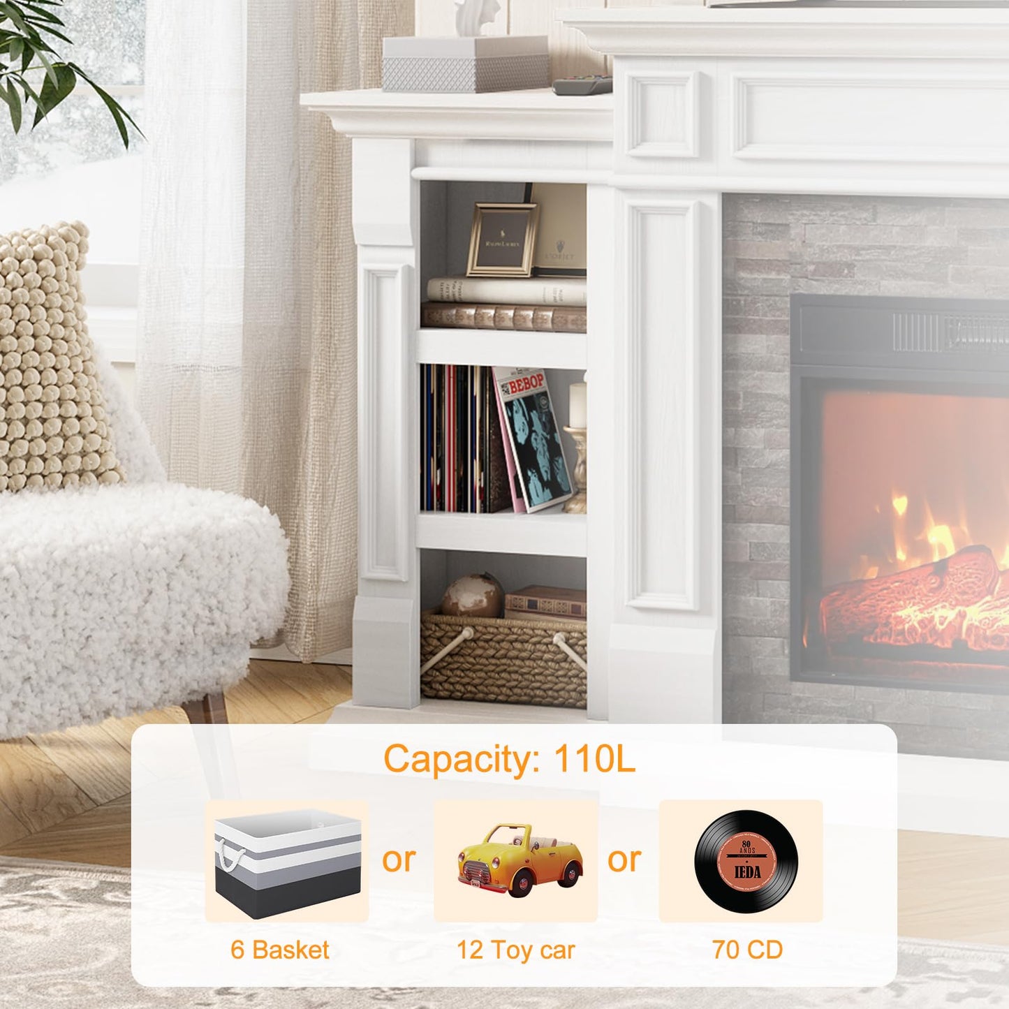 72" Electric Fireplace with Mantel, Fireplace TV Stand for TVs Up to 80 Inch, Modern Entertainment Center with Storage, Realistic Stacked Stone Surround with Remote Control for Living Room, Bedroom