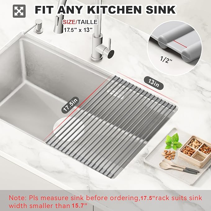 MERRYBOX Roll Up Dish Drying Rack, Over The Sink Dish Rack Foldable, Heat-Resistant, Anti-Slip Silicone Coated Steel Dish Drainer for Kitchen Sink, Multipurpose Roll Up Sink Drying Rack, 17.5" x 13"