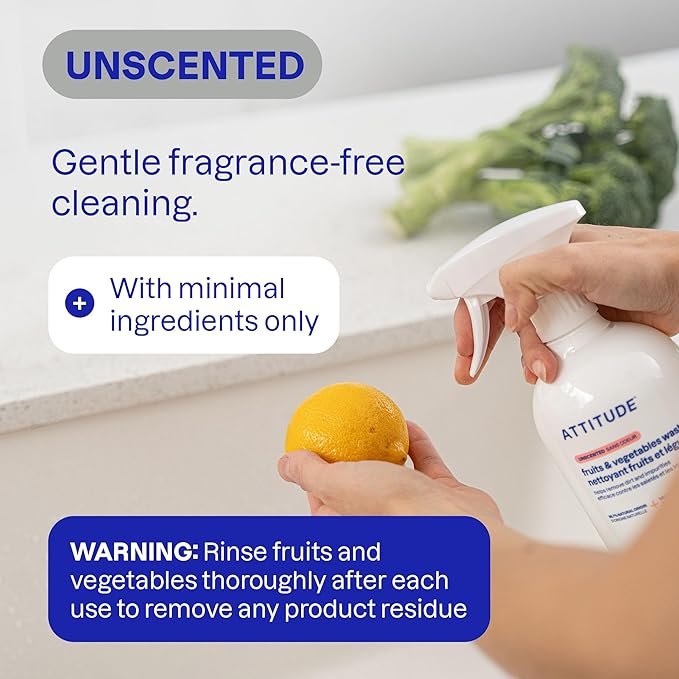 ATTITUDE Fruit & Vegetable Wash, Unscented Food-Safe Produce Wash to Remove Dirt, Wax & Residue, Vegan Plant-Based Produce Cleaner, Bulk Refill, 67.6 Fl Oz