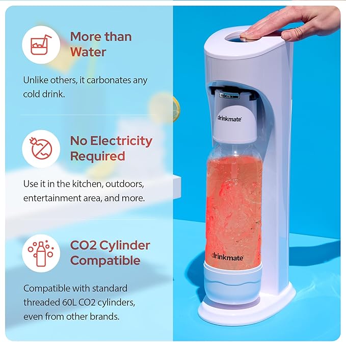 Drinkmate OmniFizz Sparkling Water Maker & Soda Streaming Machine | Carbonates Any Drink | SPECIAL BUNDLE | Includes 60L CO2 Cartridge + Two BPA-Free Bottles (Classic White)