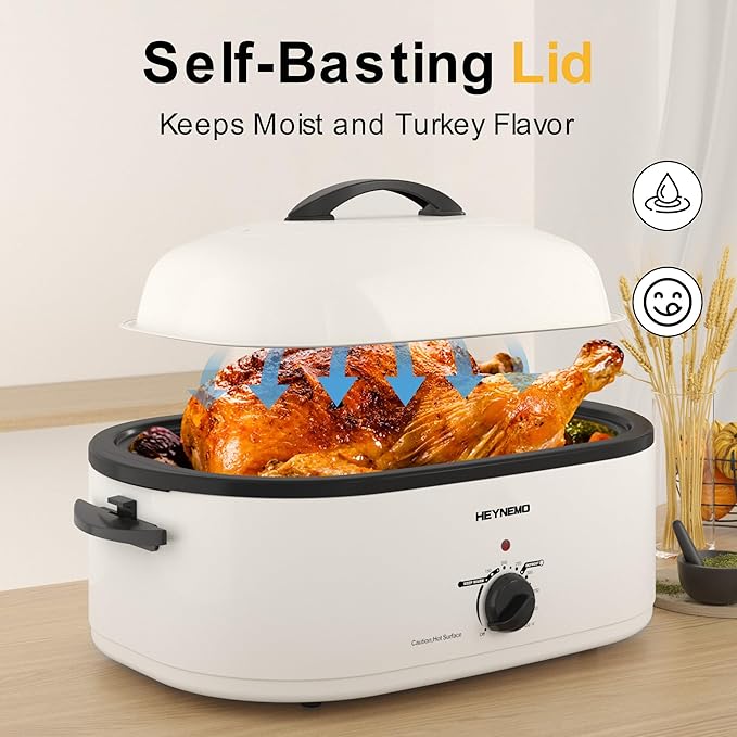 20 Quart Electric Roaster Oven with Self-basting Lid, Turkey Roaster Oven with Removable Pan and Rack, White