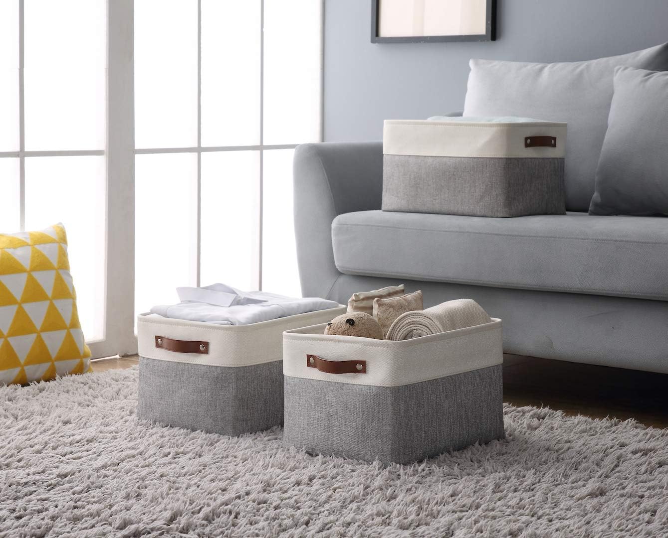 DECOMOMO Storage Baskets for Shelves - Fabric Storage Bins, Linen Closet Organizers and Storage (Grey & White, Large - 4 Pack)