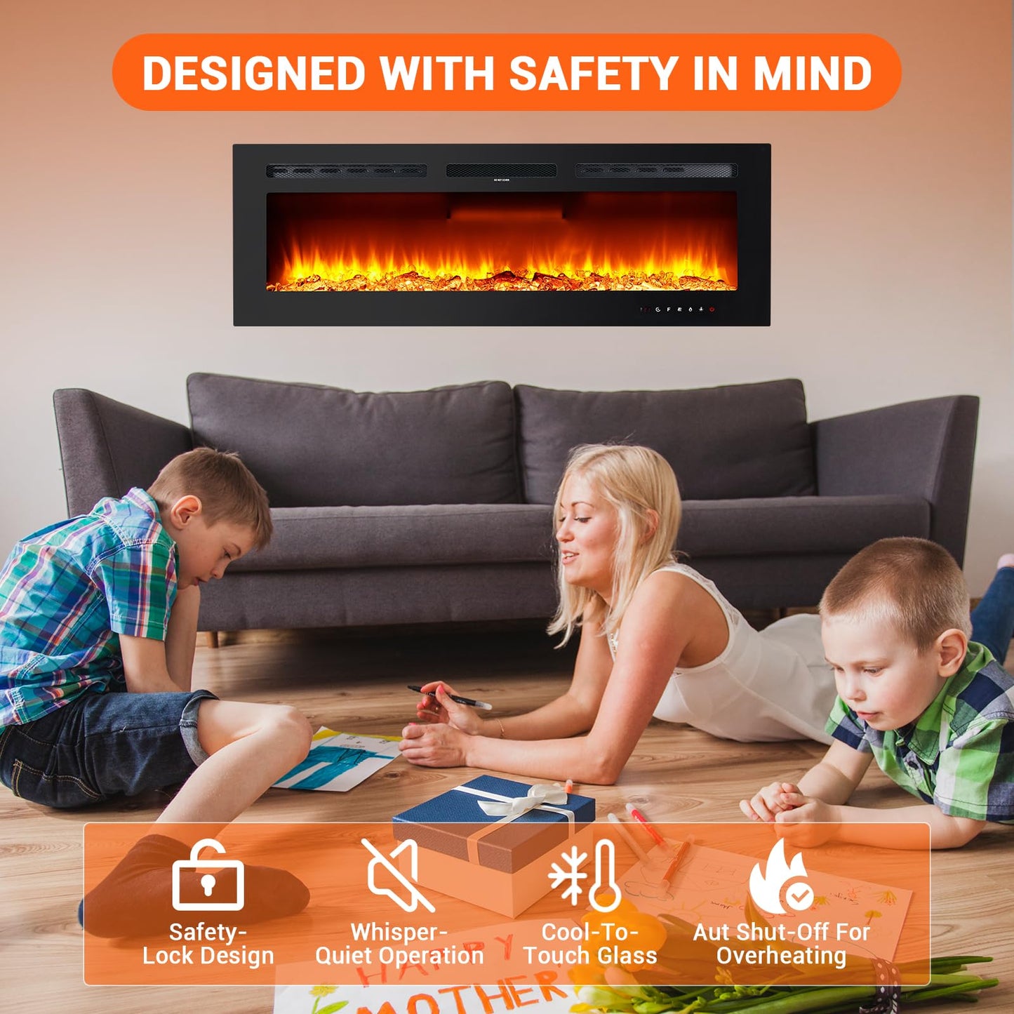 Takywep Electric Fireplace, 60 Inches, 5120 BTU Heat Output, 12 Flame Color, Black, Wall-Mounted or Recessed, Timer, Quiet Operation, Multicolor Flame, Faux Logs, Crystal Stones
