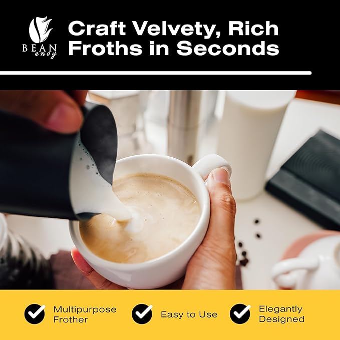 Bean Envy Milk Frother, Coffee Stirrers, Frother Wand, Milk Frother Handheld, Frother with stand, Hand Blender for Coffee, Lattes, Cappuccino, Matcha and Hot Chocolate – Kitchen Gifts - White
