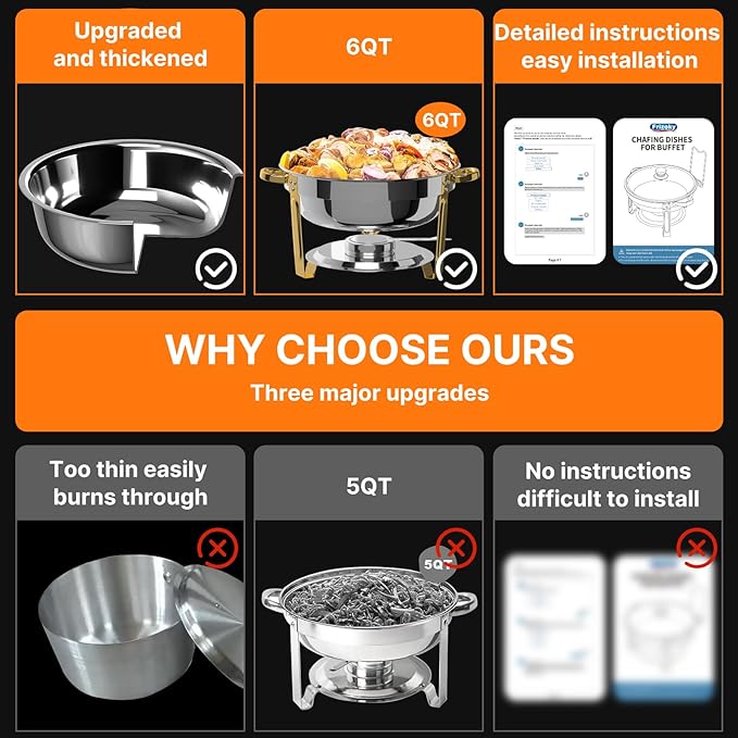 Chafing Dishes for Buffet 4 Pack, 6QT Round Chafing Dish Buffet Set Stainless Steel Buffet Food Warmers Sets for Catering Events Parties Dinners with Complete Set,Gold and Silver