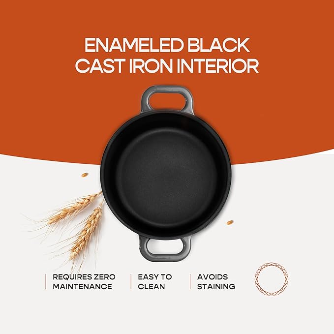 Enameled Cast Iron Dutch Oven for Sourdough Bread Baking | 6 Quart Pot with Lid | 10 Inch Ceramic Enamel Thick Coated Cookware Set with Non Stick Silicone Baking Mat for Cooking (Grey)
