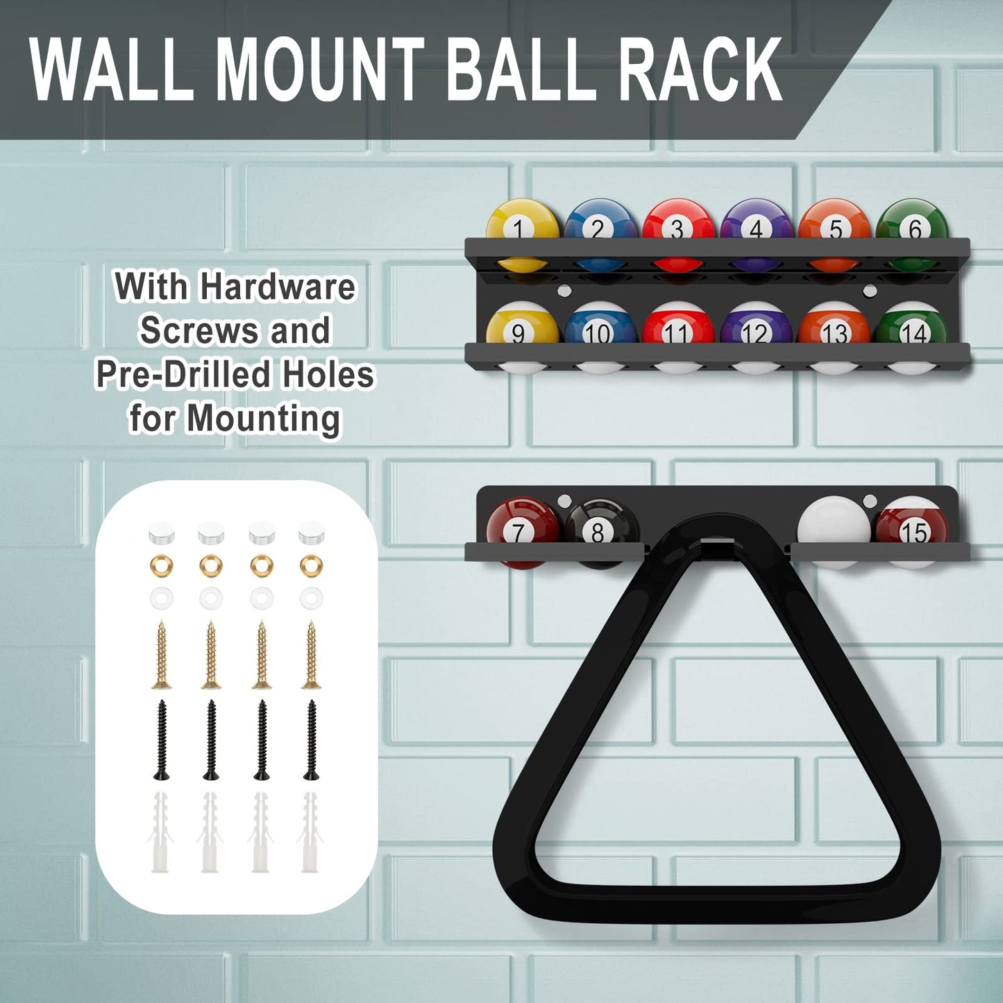 Cosmos Acrylic Billiard Ball Storage Shelf Set Pool Ball Wall Mount Rack Pool Accessory Wall Holder for 16 Balls Billiard Pool Ball Cue Ball Billiard Ball Rack in Billiard Room Bar (Solid Black)