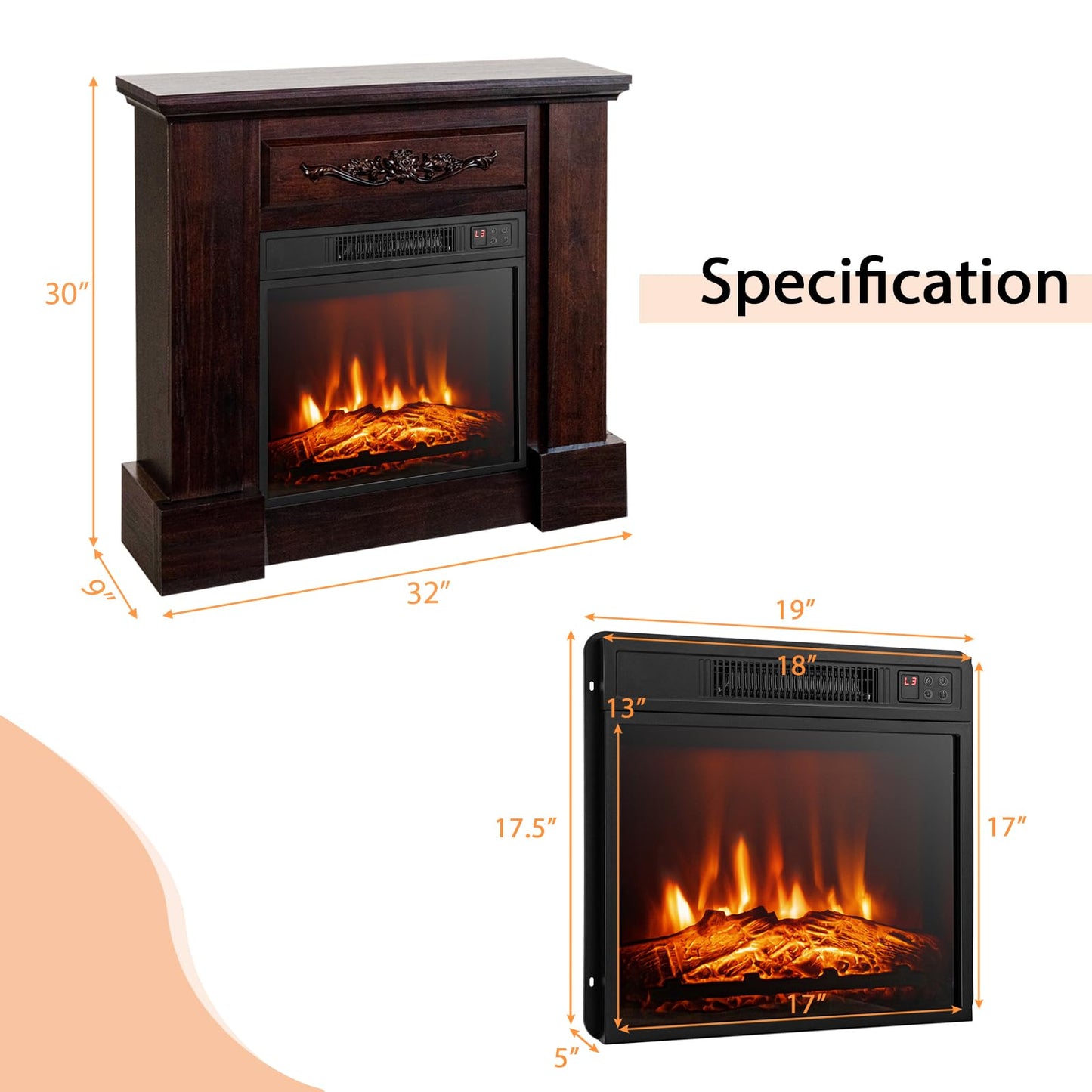 COSTWAY 32-inch Electric Fireplace with Mantel, 1400W Freestanding Fireplace Heater with Remote Control, Thermostat, 6H Timer, Adjustable 3D Flame Effect, Fireplace Mantel for Living Room, Brown